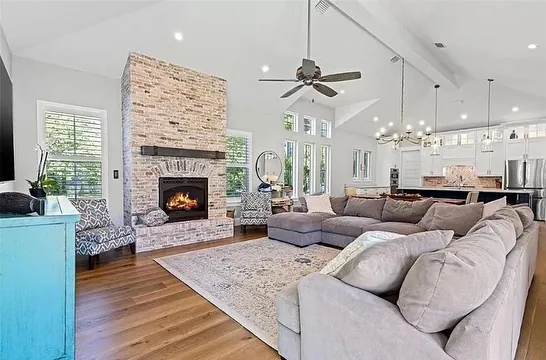 Hardwood living room fireplace open plan Tampa Bay