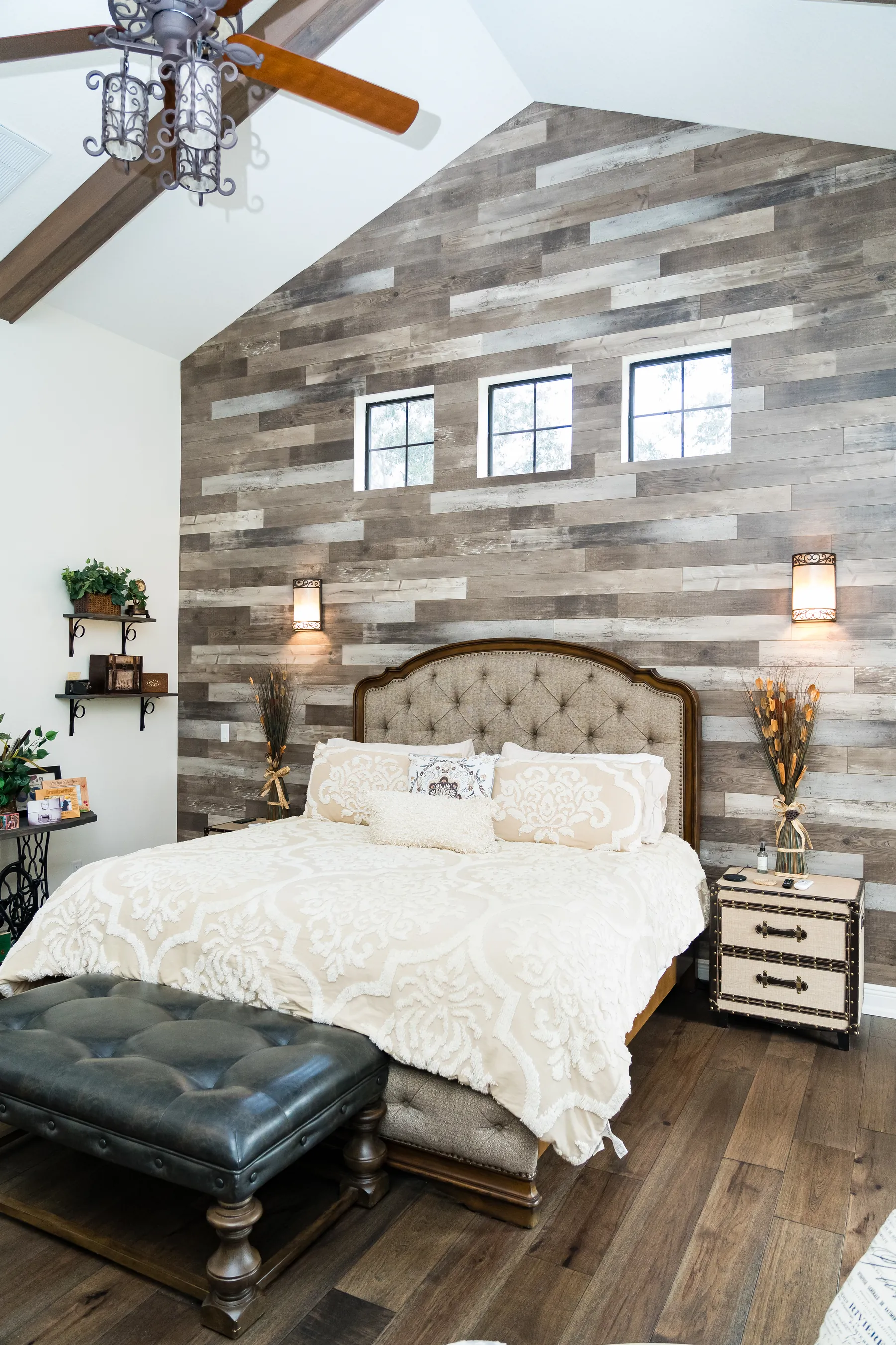 Hardwood floor and wood plank wall master bedroom Holiday FL