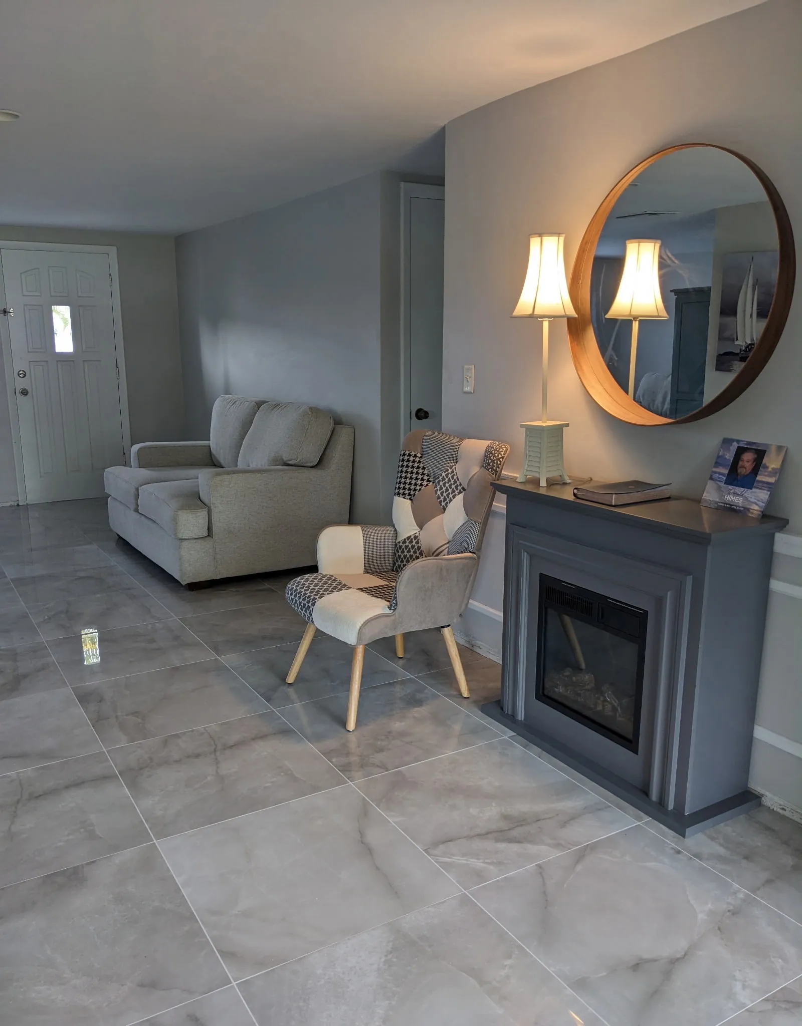 Marble look tile living room fireplace Holiday FL